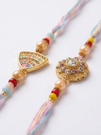 Anouk Set Of 2 Gold Toned Artificial Stones & Beads Thread Rakhi With Roli Chawal Chandan