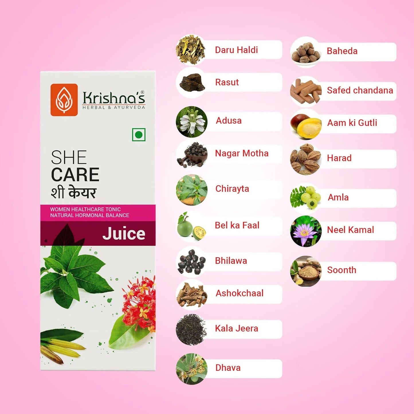 Krishna's Herbal & Ayurveda She Care Juice for Women's Wellness in a glass bottle, showcasing natural herbal ingredients and packaging.