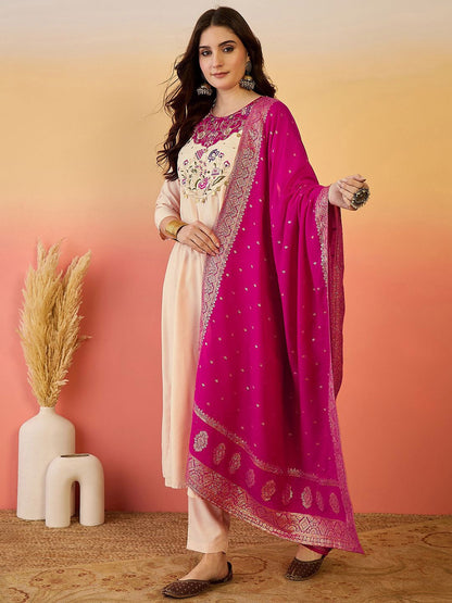 Indyancart SN Women's Floral Yoke Design Panelled Thread Work A-Line Kurta With Trouser And Dupatta