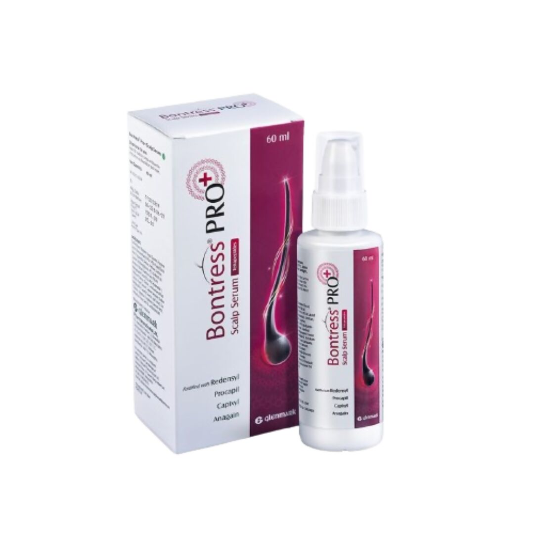 Glenmark Bontress Pro+ scalp serum bottle with dropper applicator, designed for hair care and scalp health.