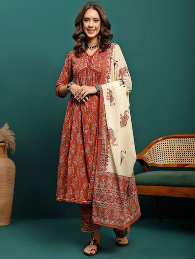 Indyancart SN Women's Floral Printed Gotta Patti Pure Cotton Anarkali Kurta With Trousers & Dupatta