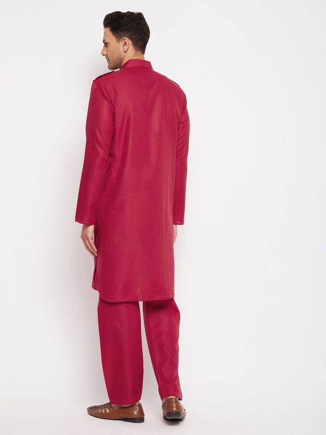 Men's Maroon Cotton Blend Pathani Pathani Kurta Set