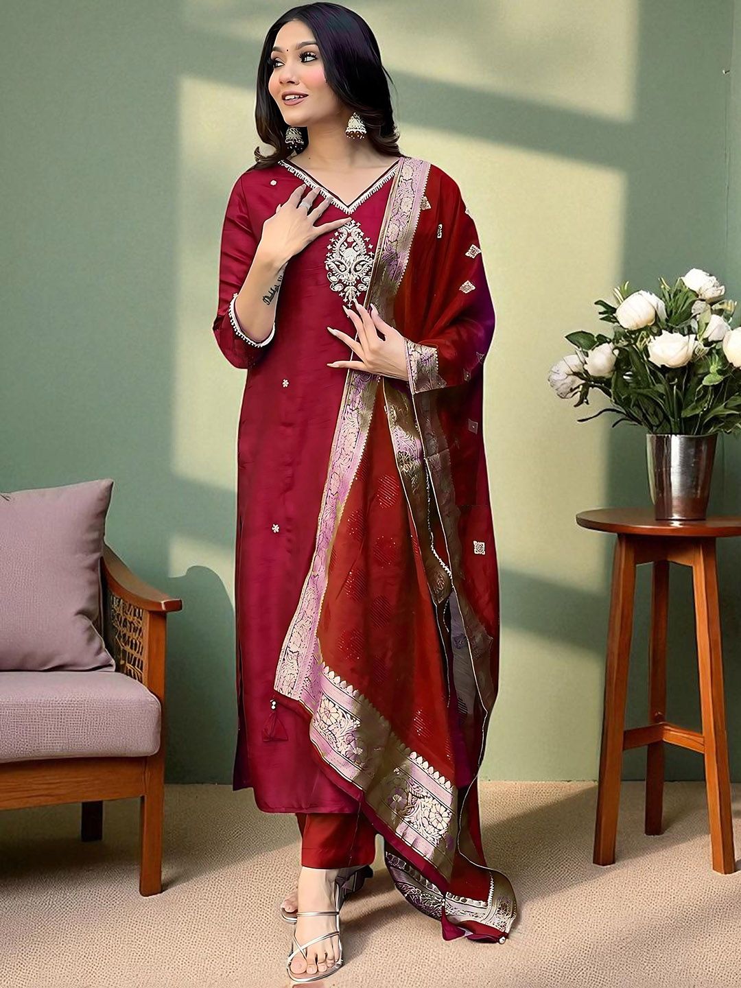 Indyancart SN Women's Embroidered Pure Cotton Straight Kurta Pyjama & Dupatta Kurta Set