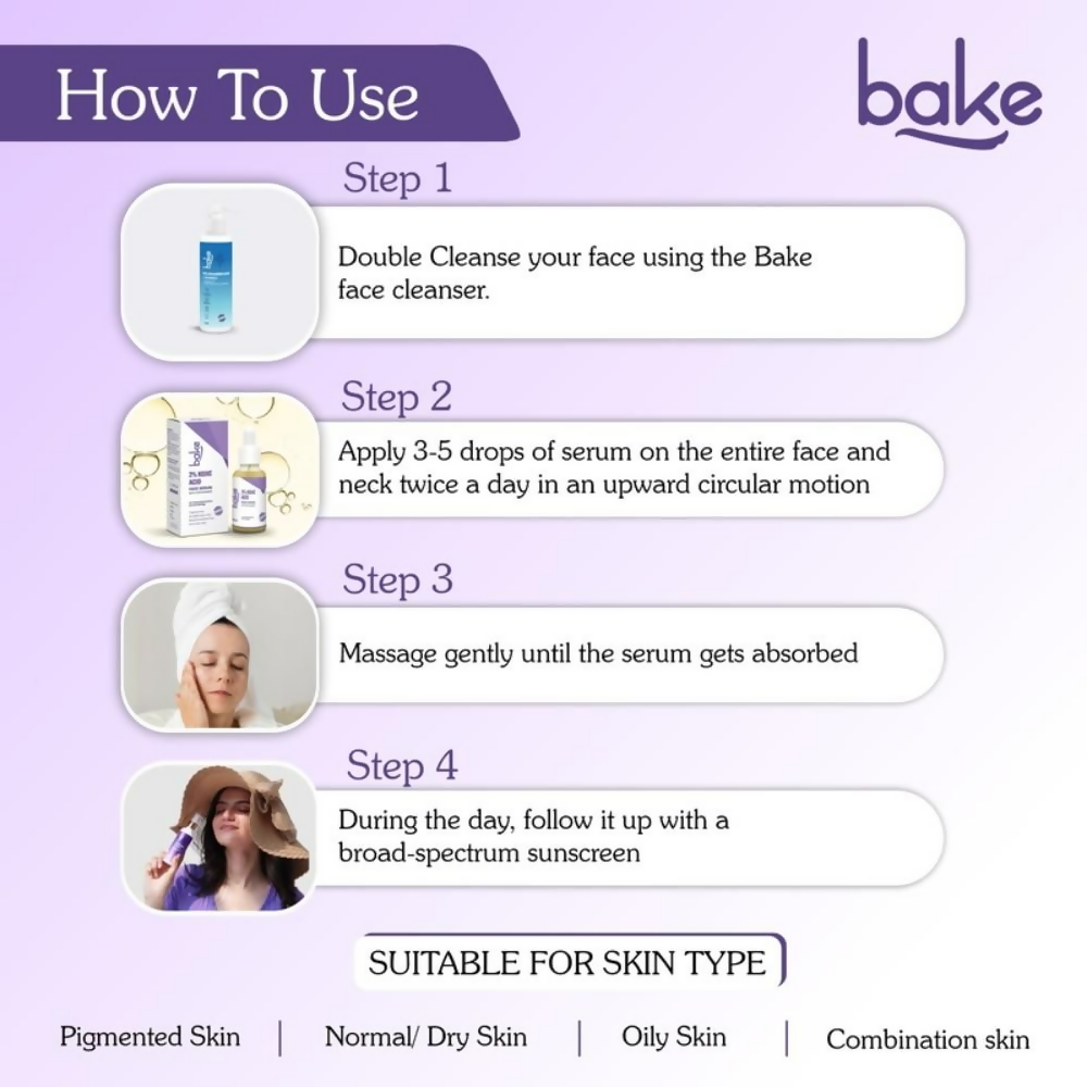 Bake 2% Kojic Acid and Niacinamide face serum bottle with dropper, skincare product for brightening and skin tone evening.