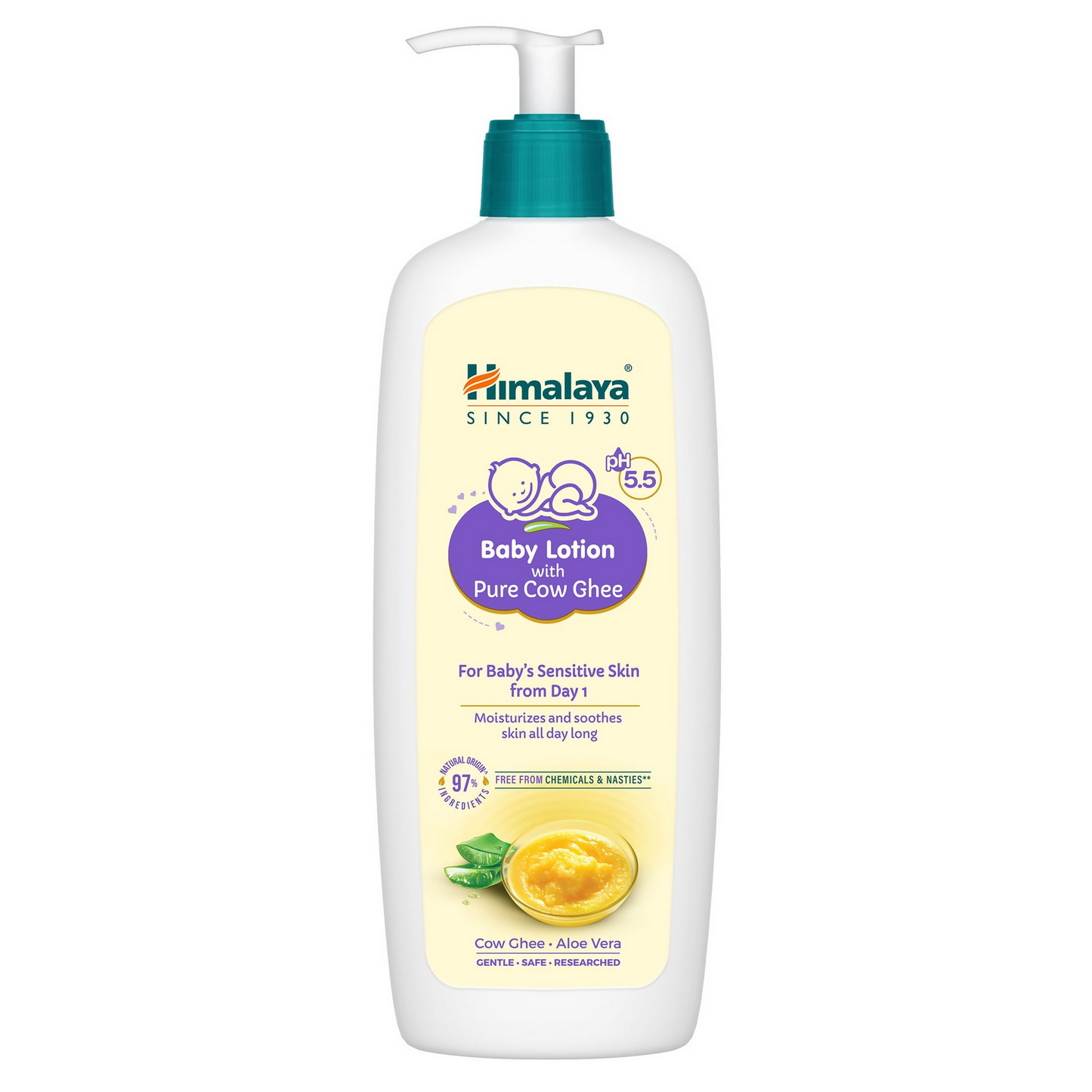 Himalaya Herbals baby lotion with pure cow ghee, showing a bottle with gentle, nourishing baby skincare for sensitive skin.