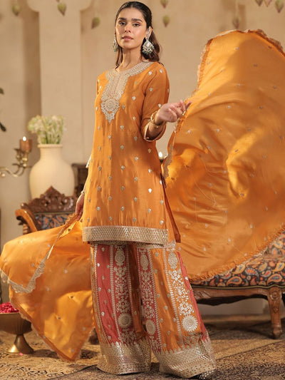 Indyancart IE Ethnic Motifs Embroidered Round Neck Zari Straight Kurta & Palazzos With Dupatta