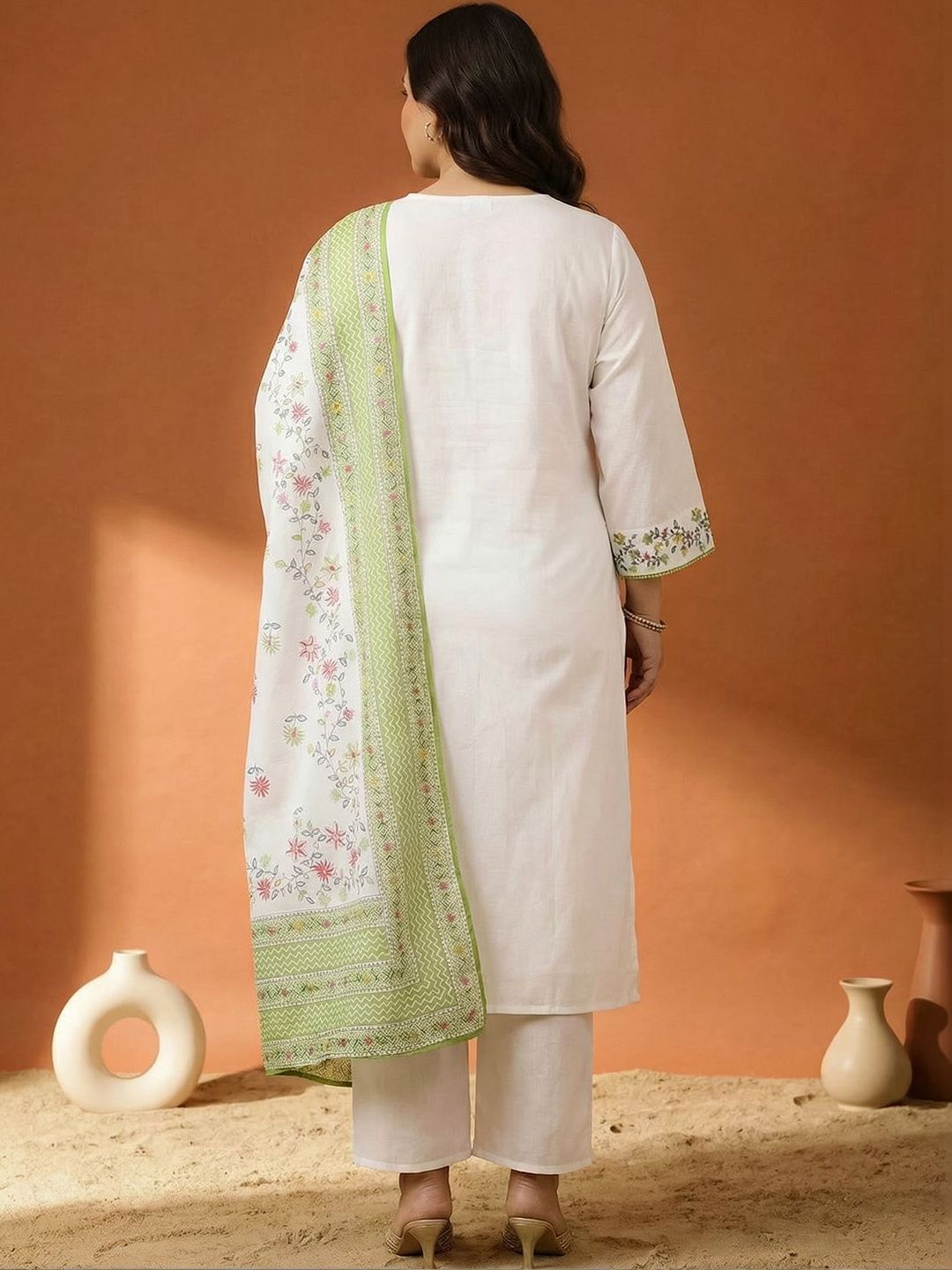 Indyancart Women's Floral Embroidered Regular Thread Work Pure Cotton Kurta with Trousers & With Dupatta