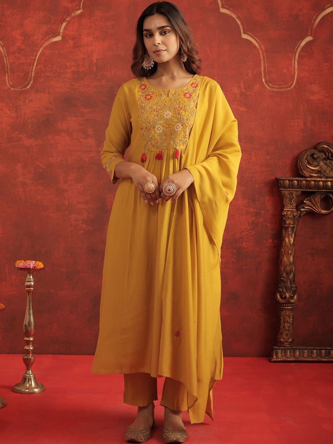 Women Floral Embroidered A-Line Kurta with Trousers & Dupatta