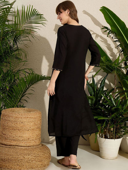 Indyancart IE Embroidered Round Neck Straight Pure Cotton Kurta & Trousers