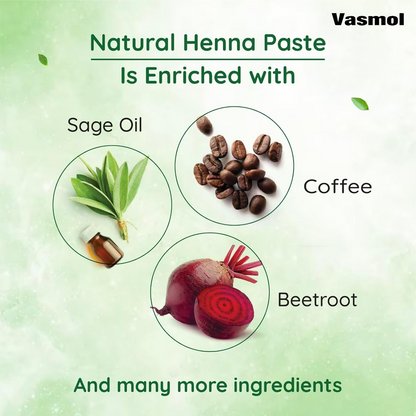 Vasmol Natural Henna Paste ready-to-use for hair coloring, featuring a vibrant green henna paste in a bowl with fresh henna leaves.