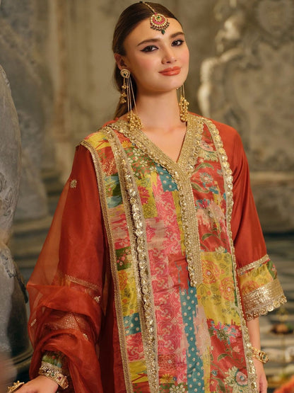 Indyancart IE Women Floral Printed Regular Gotta Patti Kurta with Palazzos & With Dupatta