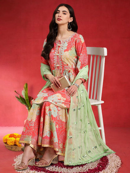 Indyancart VA Women Floral Printed Empire Mirror Work Kurta With Sharara & Dupatta