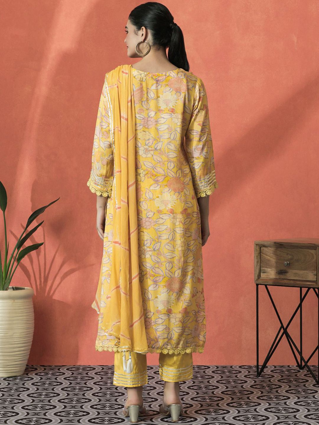 Indyancart SN Women's Floral Embroidered V-Neck Mirror Work Cotton Straight Kurta With Trouser & Dupatta