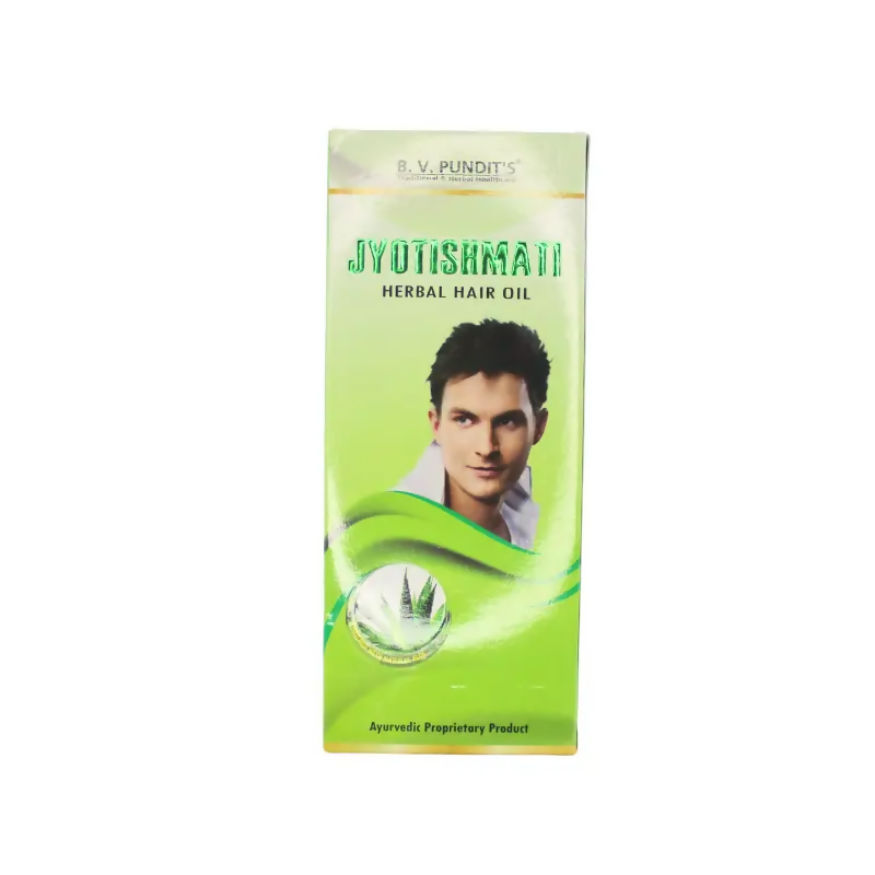 B V Pundit's Jyotishmati herbal hair oil bottle with herbal ingredients for healthy hair care.
