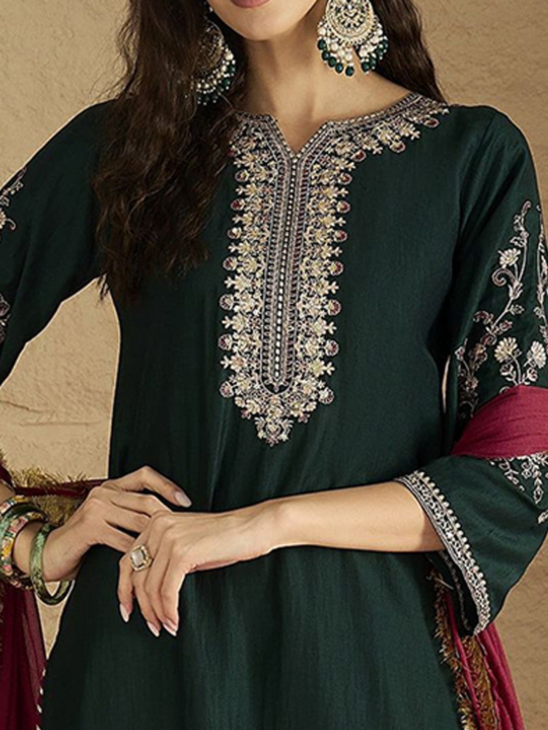 Indyancart VA Women'sFloral Yoke Design Straight Kurta With Trousers & Dupatta