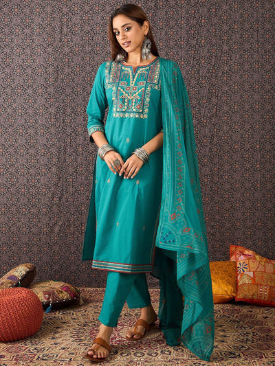 Indyancart IE Women Embroidered Straight Kurta Trousers With Dupatta Set