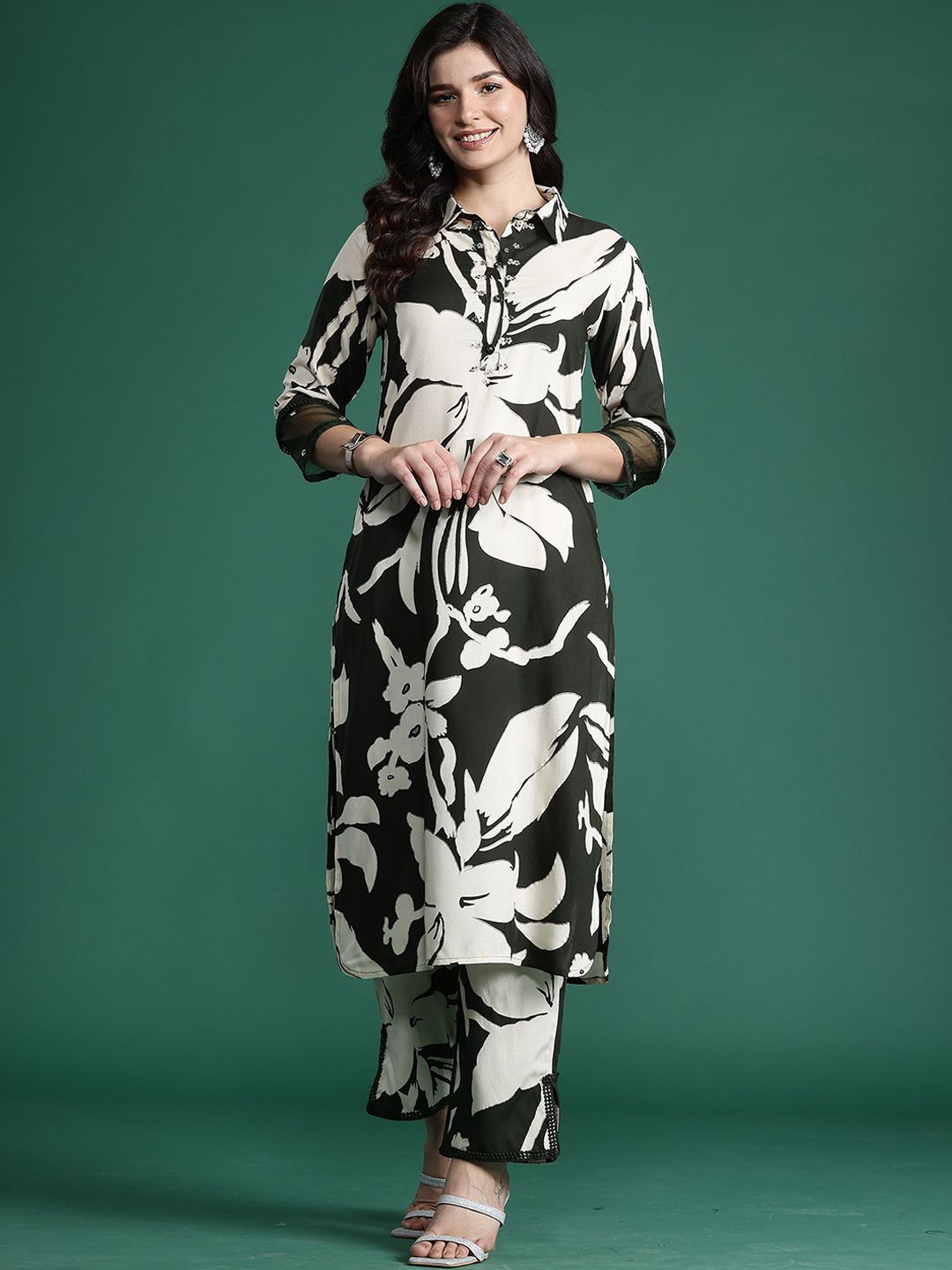 Indyancart IE Floral Printed Three-Quarter Sleeves Tunic With Trouser