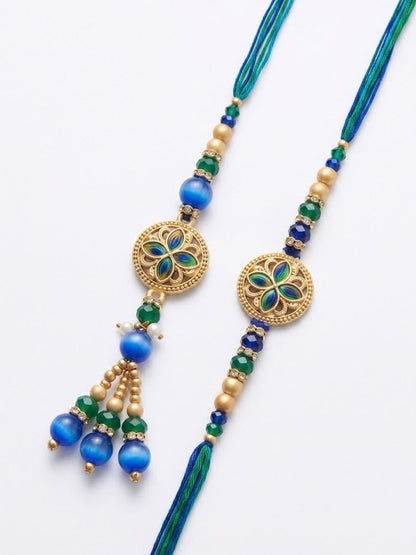 Anouk Set Of 2 Blue Artificial Beads Morpankh Style Bhaiya Bhabhi Rakhi With Roli Chawal