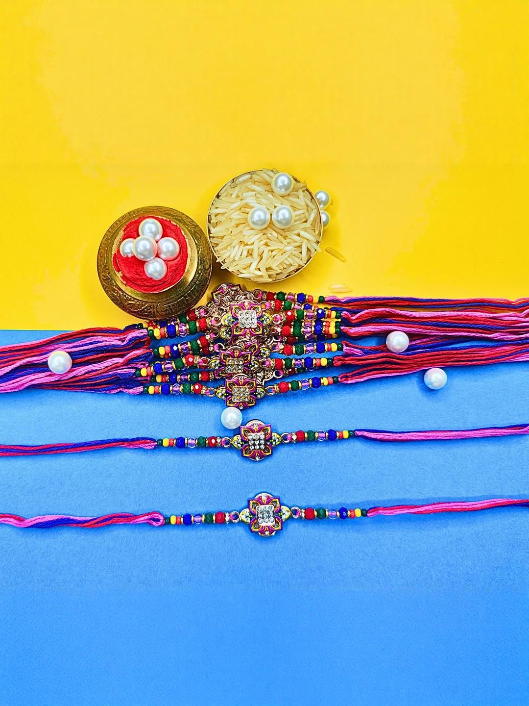 Anouk Set Of 12 Beaded Cotton Thread with AD Stones & Meenakari Designer Rakhi for Brother