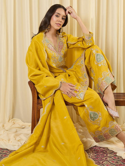 Indyancart IE Women Ethnic Motifs Embroidered Regular Sequinned Kurta with Palazzos & With Dupatta