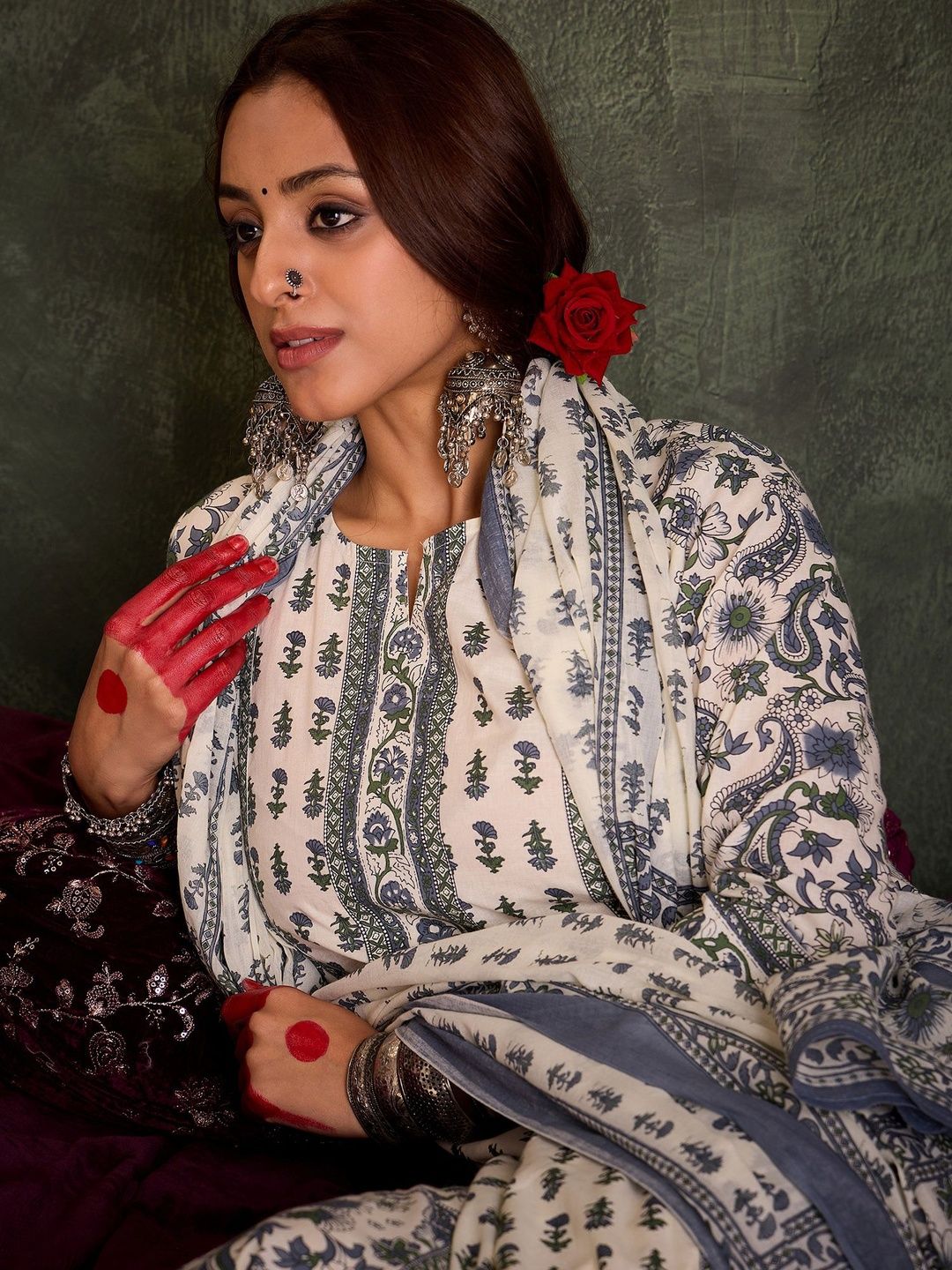 Women Ethnic Motifs Printed Panelled Pure Cotton Kurta with Trousers & With Dupatta