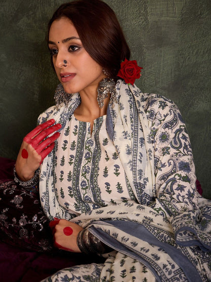 Women Ethnic Motifs Printed Panelled Pure Cotton Kurta with Trousers & With Dupatta