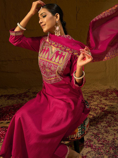 Indyancart IE Ethnic Motifs Embroidered Sequinned Liva Straight Kurta With Trousers & Dupatta