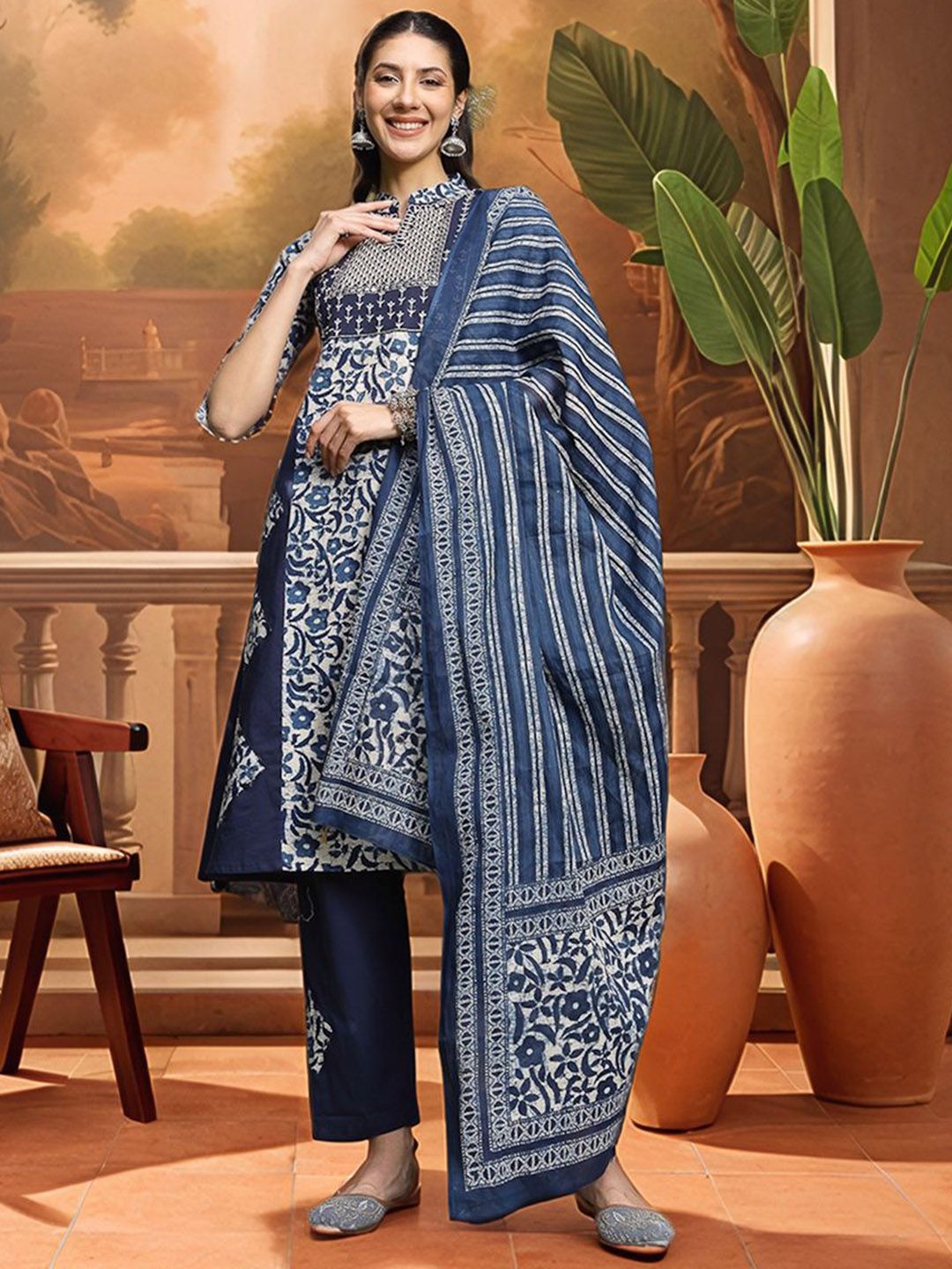 Indyancart SN Women's Embroidered A-Line Pure Cotton Kurta & Trousers With Dupatta