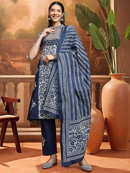 Indyancart SN Women's Embroidered A-Line Pure Cotton Kurta & Trousers With Dupatta