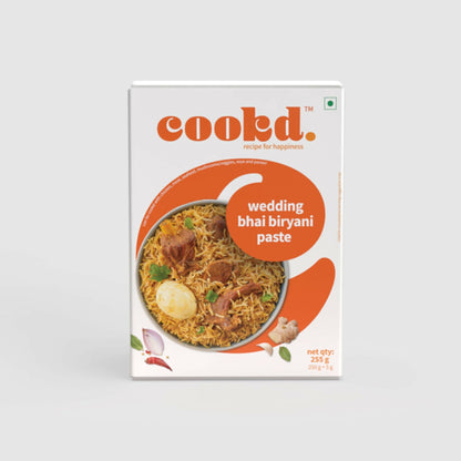 Cookd Wedding Bhai Biryani Paste in a jar, showcasing vibrant spices and ingredients for flavorful biryani cooking.