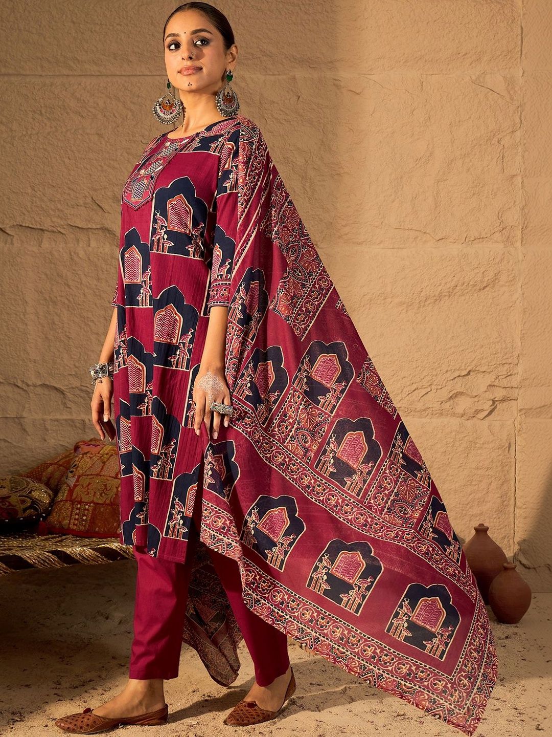 Women Ethnic Motifs Printed Regular Pure Cotton Kurta with Trousers & With Dupatta