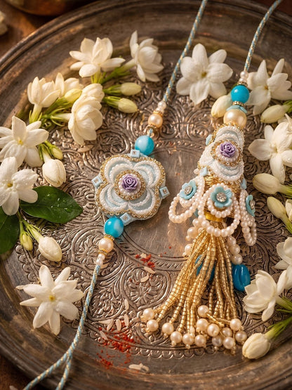 Anouk Set Of 2 Pearls & Artificial Stones Floral Bhaiya Bhabhi Rakhi With Roli Chawal
