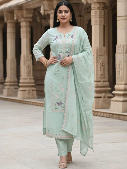 Floral Embroidered Thread Work Pure Cotton Straight Kurta & Trousers With Dupatta