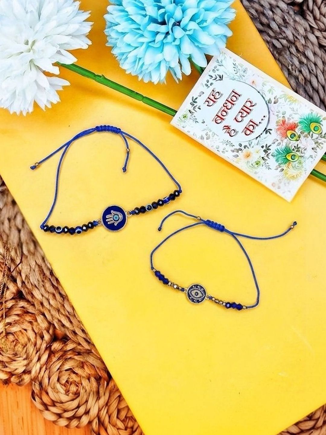 Anouk Set Of 2 Blue Evil Eye Thread Rakhi With Roli Chawal Chandan Mishri
