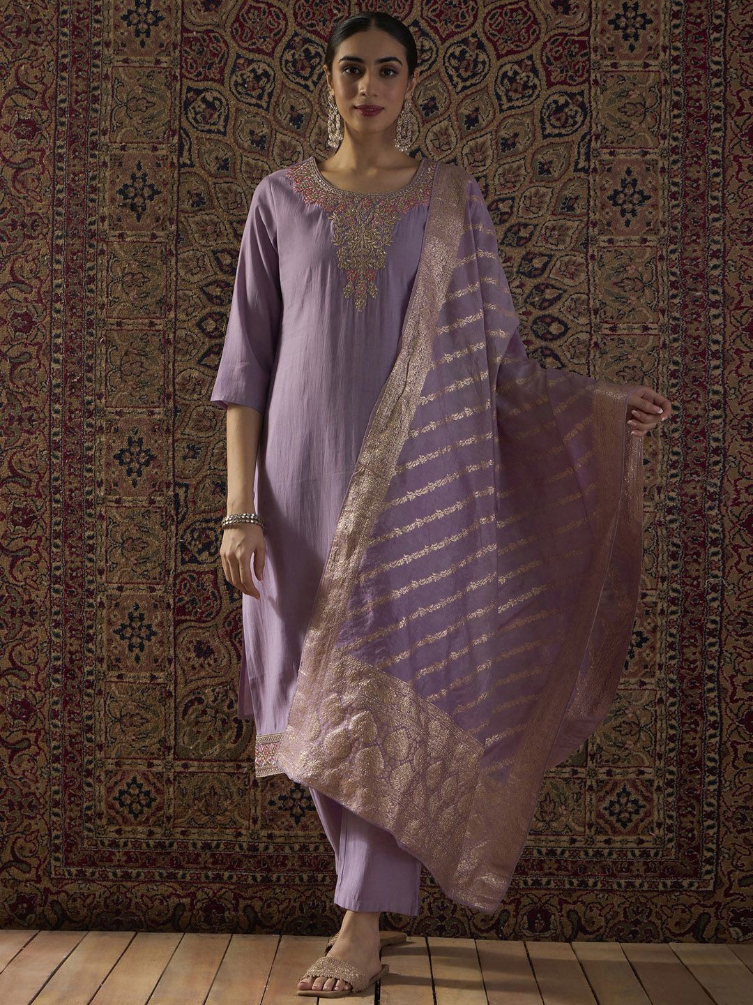 Ethnic Motifs Embroidered Round Neck Thread Work Kurta With Trousers & Dupatta