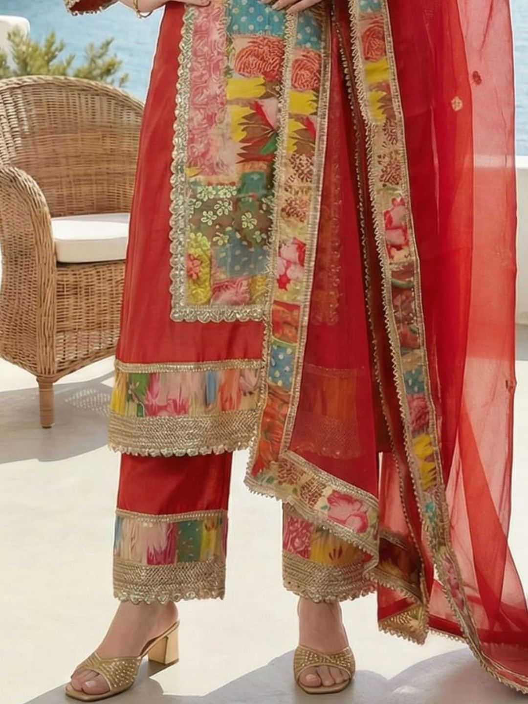 Indyancart IE Women Floral Printed Regular Gotta Patti Kurta with Palazzos & With Dupatta