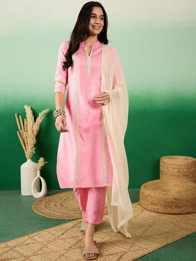Indyancart SN Women's Sequin Embroidered Straight Kurta & Trousers With Dupatta