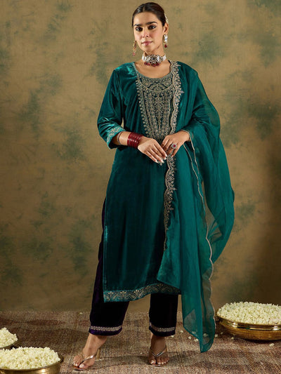 Dhiyona IE Floral Yoke Design Sequinned Velvet Straight Kurta With Trousers & Dupatta
