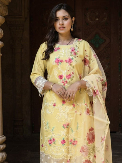 Indyancart IE Women's Women Floral Printed Regular Thread Work Kurta with Trousers & Dupatta