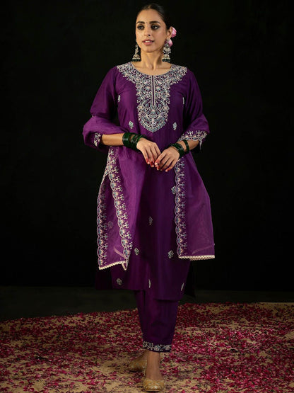 Indyancart IE Purple Floral Embroidered Straight Kurta with Trousers & Dupatta