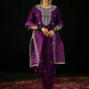 Indyancart IE Purple Floral Embroidered Straight Kurta with Trousers & Dupatta