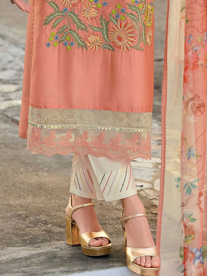 Indyancart IE Women's Floral Embroidered Mirror Work Kurta with Trousers & Dupatta
