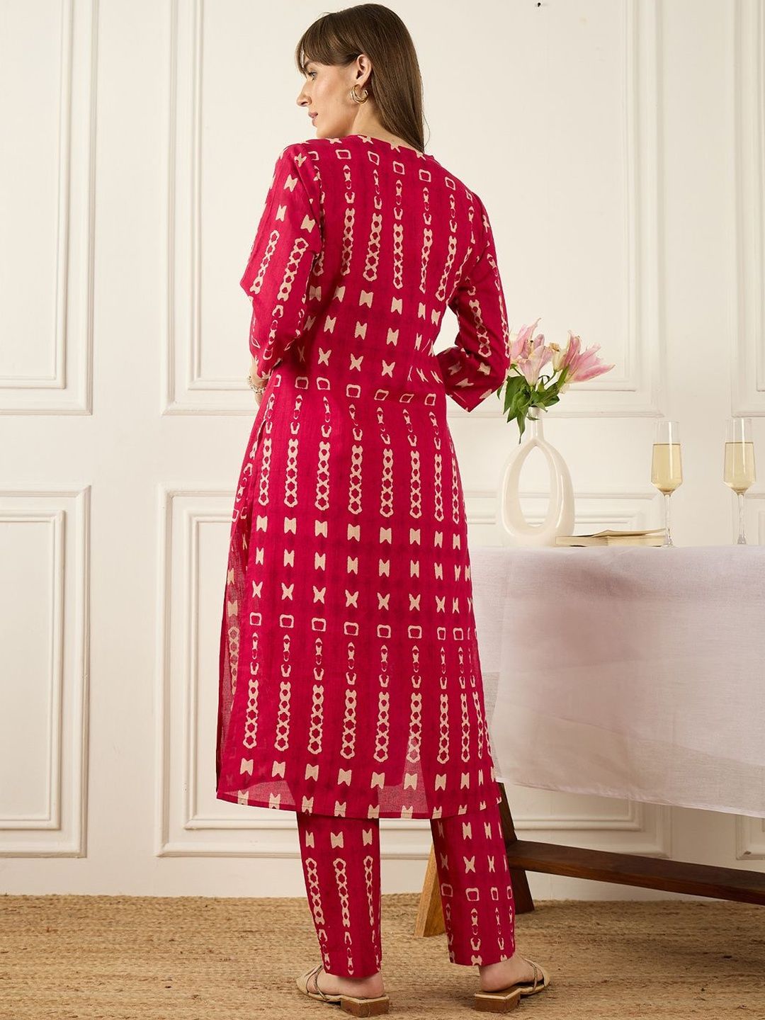Indyancart IE Printed Mandarin Collar Pure Cotton Top With Trousers