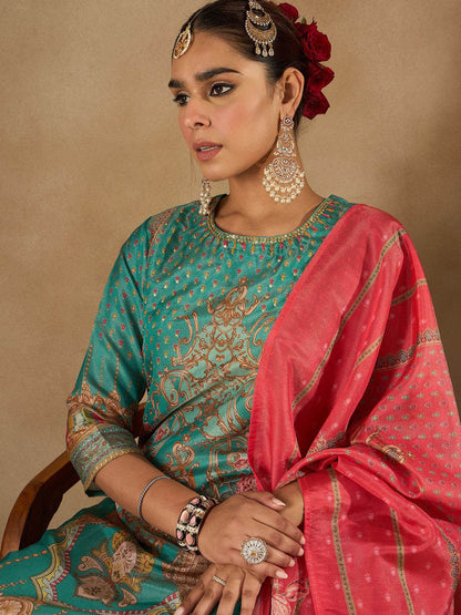 Dhiyona IE Women Floral Printed Regular Beads and Stones Kurta with Trousers & Dupatta