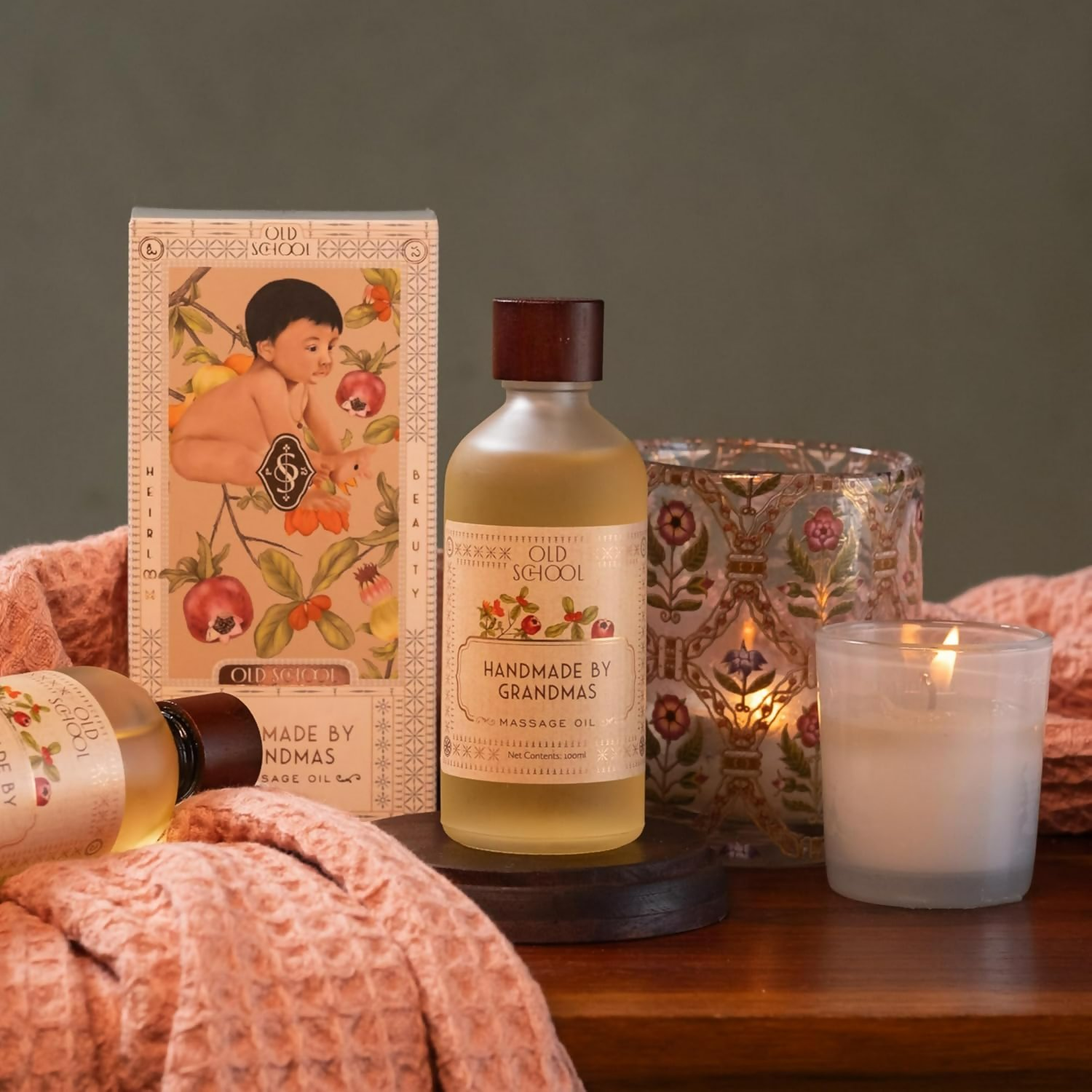 Old School Rituals handmade baby massage oil in a clear bottle, featuring gentle ingredients for soothing infant skincare.