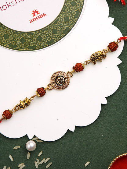 Anouk Stones Studded & Rudhraksh Beaded Rakhi With Roli Chawal & Greeting Card