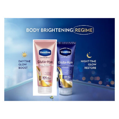 Vaseline Gluta-Hya Dewy Radiance and Overnight Serum-In-Lotion combo bottles showing smooth, hydrating body lotions with radiant finish.