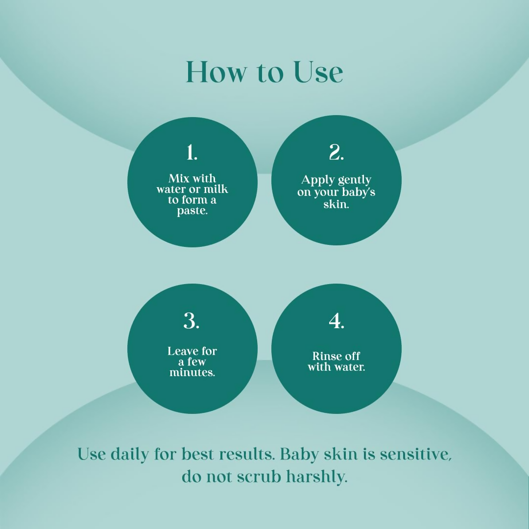 O'Mumsie Secret Glow skin brightening baby ubtan in a jar, natural baby body scrub for gentle skin brightening and soothing.