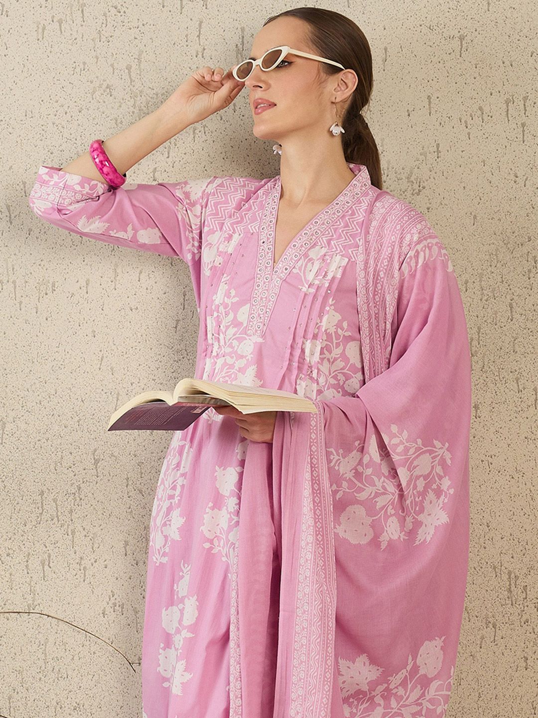 Women Floral Printed Pure Cotton A-Line Kurta with Trouser & Dupatta