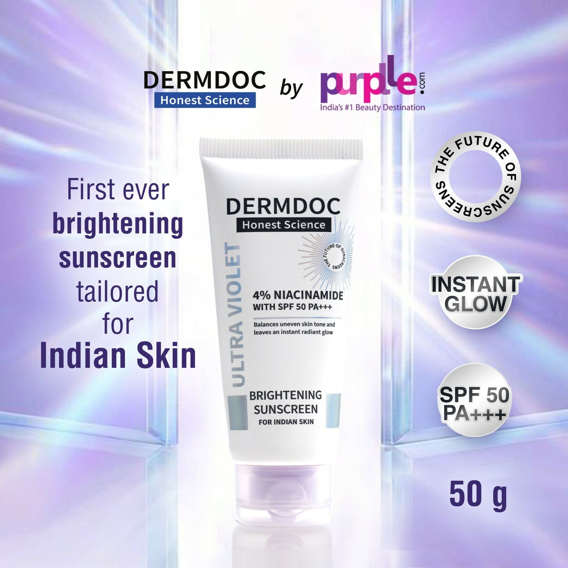 Dermdoc 4% Niacinamide SPF 50 PA+++ brightening sunscreen, showing the tube with sun protection and skin brightening ingredients.